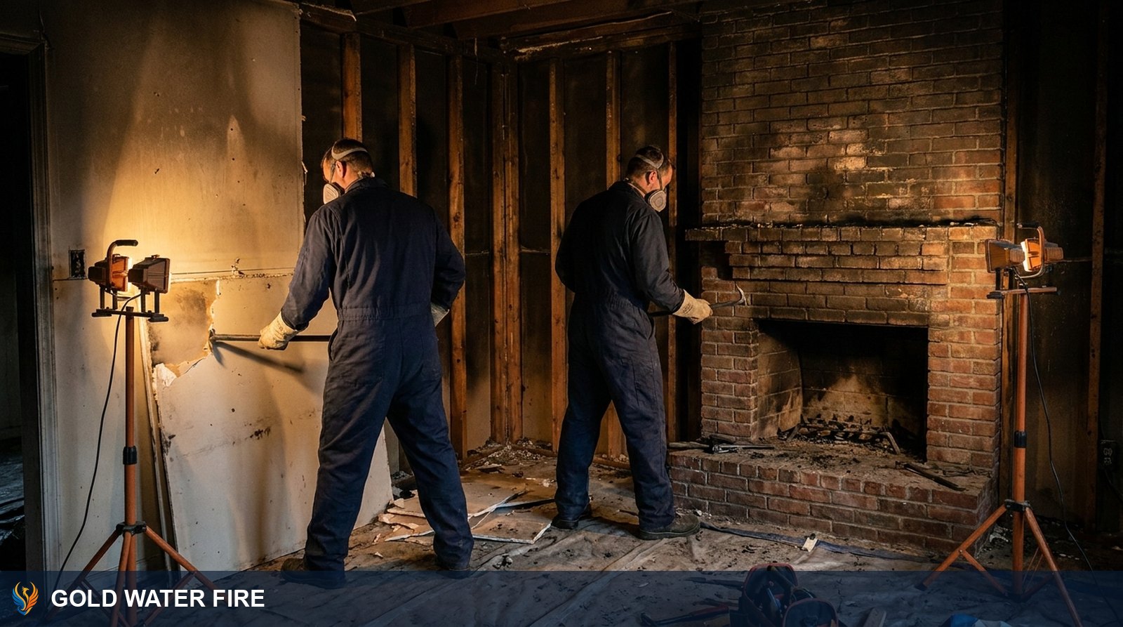 Fire damage restoration crew removing smoke-damaged drywall near a soot-covered brick fireplace