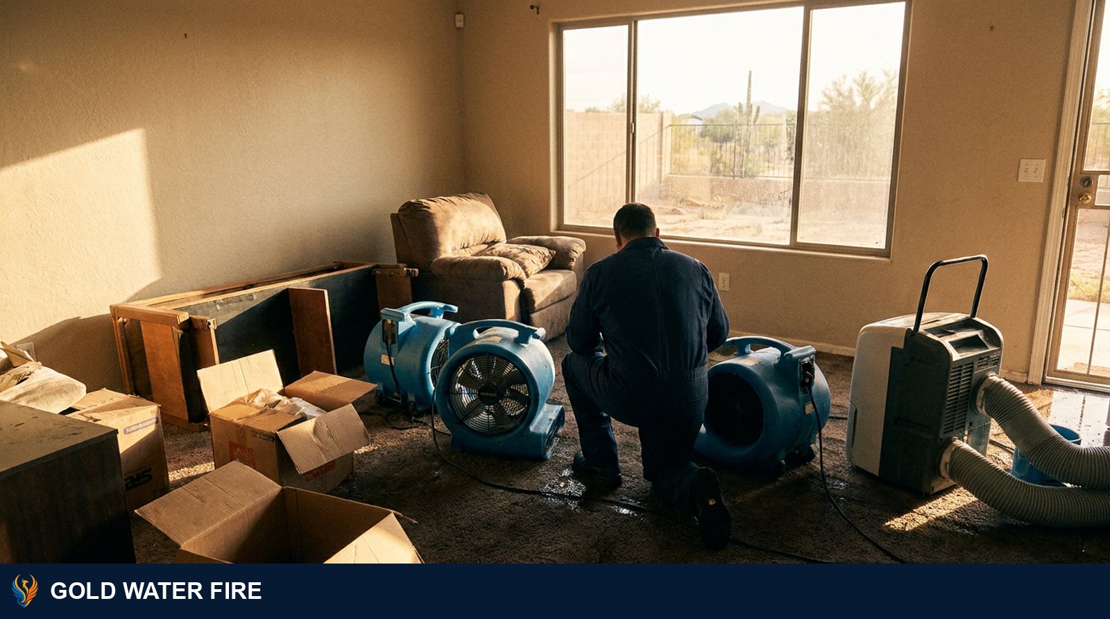 Water damage restoration technician running air movers and a dehumidifier in a flooded room